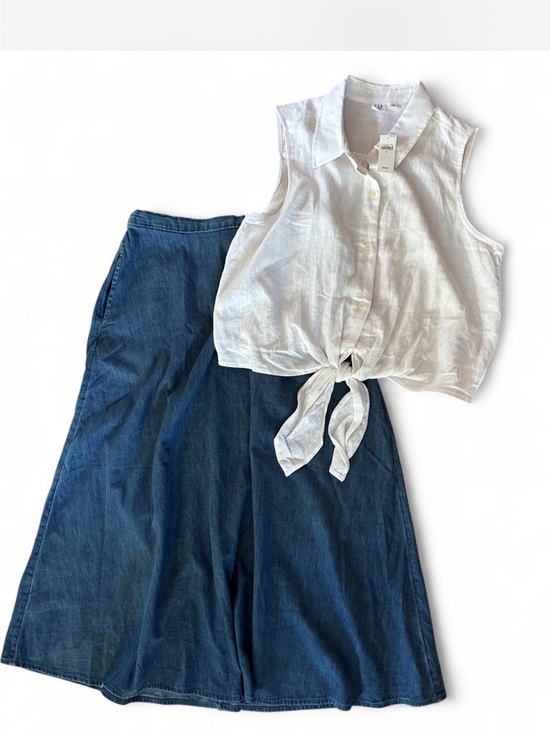 GAP Dresses & Skirts - Gap Women's M Linen Tie Front Top Blue A-Line Midi Skirt 2pc Set
